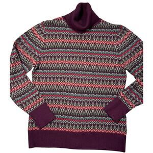 LL Bean Sweater Womens Size S Petite Purple Fair Isle Turtleneck Cotton Cashmere